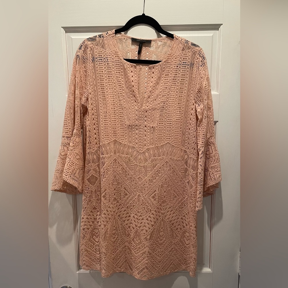 BCBG Max Azria blush pink lace mini dress with flutter sleeves